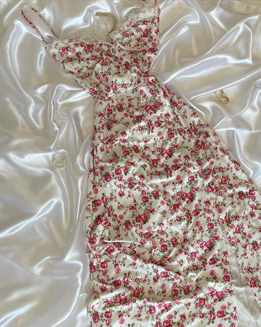 Robe de soirée longue à bretelles fourreau élégante rose à fleurs avec fente C1935