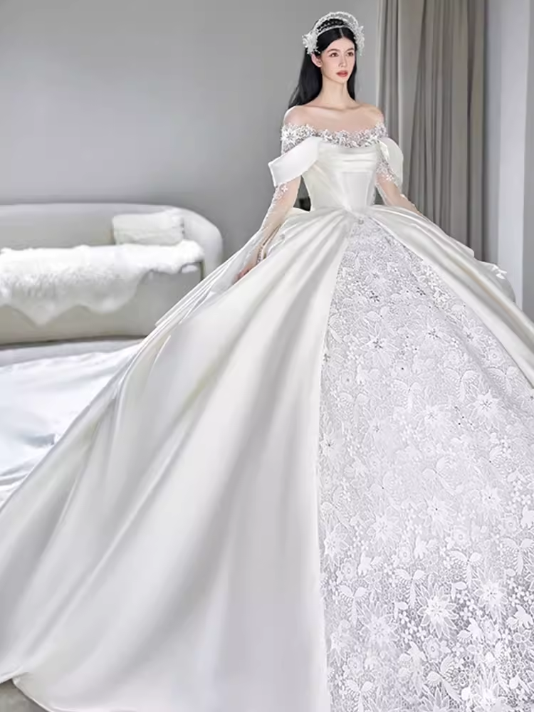 Unique Ball Gown Off The Shoulder Lace Long Wedding Dresses C193