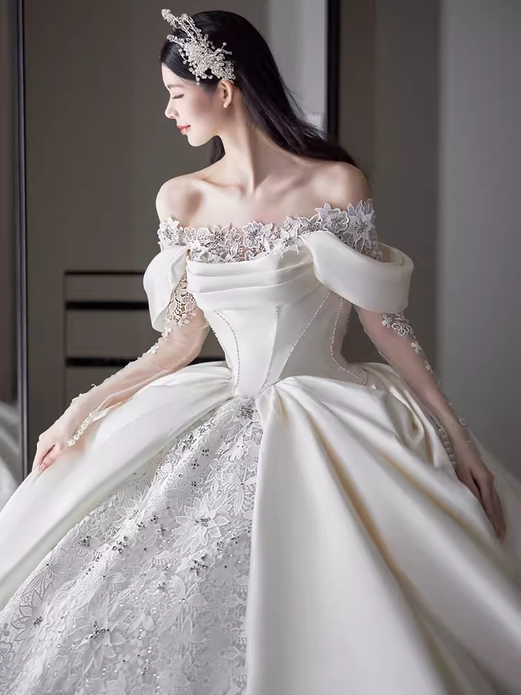 Unique Ball Gown Off The Shoulder Lace Long Wedding Dresses C193