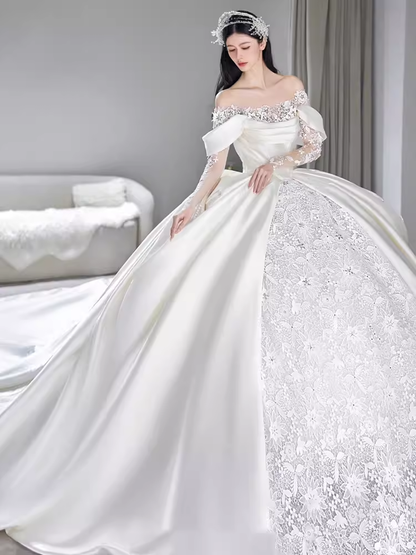 Unique Ball Gown Off The Shoulder Lace Long Wedding Dresses C193