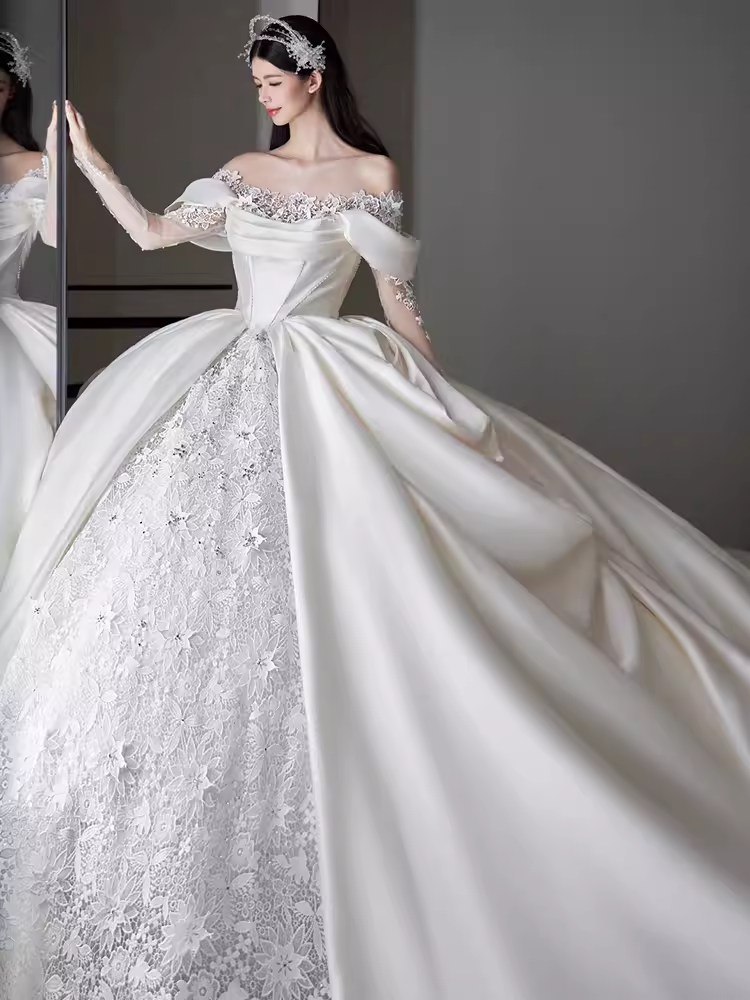 Unique Ball Gown Off The Shoulder Lace Long Wedding Dresses C193