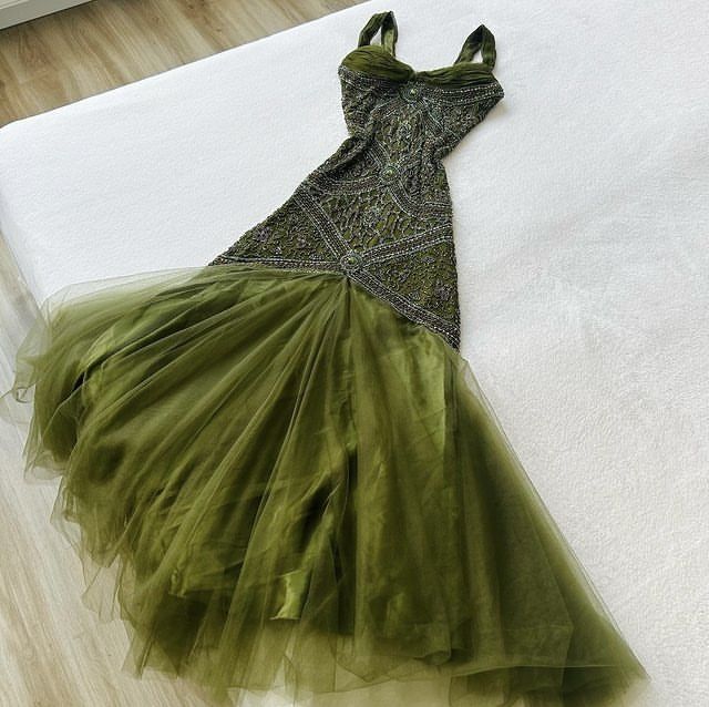 Elegant Mermaid Straps Green Beadings Long Prom Dresses Evening Dress C1941