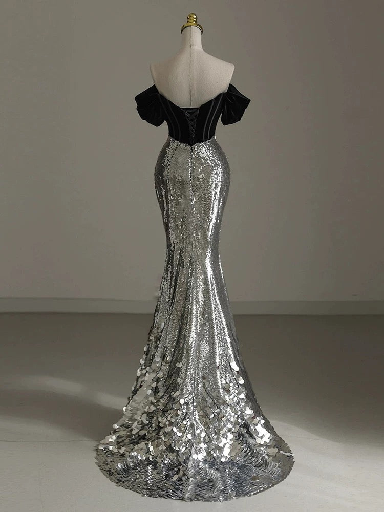 Robe de soirée longue élégante à épaules dénudées et paillettes C1948