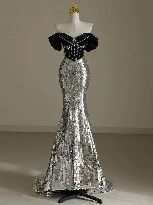 Robe de soirée longue élégante à épaules dénudées et paillettes C1948