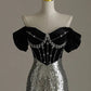 Robe de soirée longue élégante à épaules dénudées et paillettes C1948