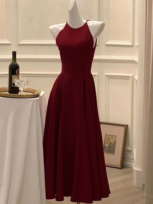 Robe de soirée élégante de style A-line longueur cheville bordeaux C1949