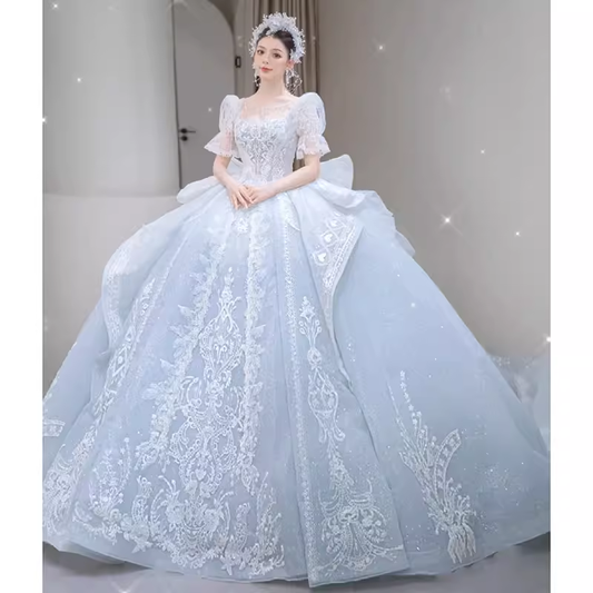 Fairytale Ball Gown Square Neckline Lace Long Wedding Dresses C194