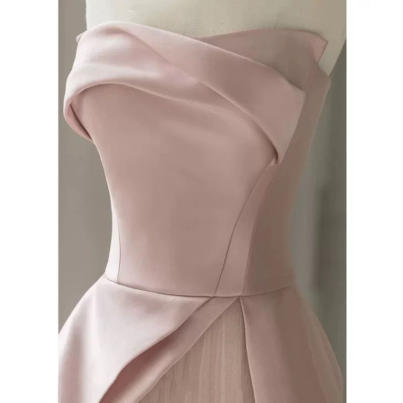 Robe de soirée longue rose pâle sans bretelles, ligne A modeste, robe de bal, C1953