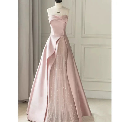 Robe de soirée longue rose pâle sans bretelles, ligne A modeste, robe de bal, C1953