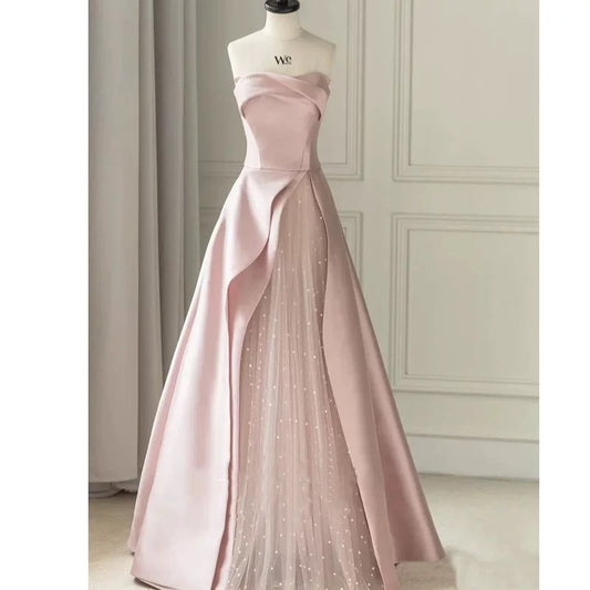 Modest A line Strapless Long Light Pink Prom Dresses Evening Party Dress C1953