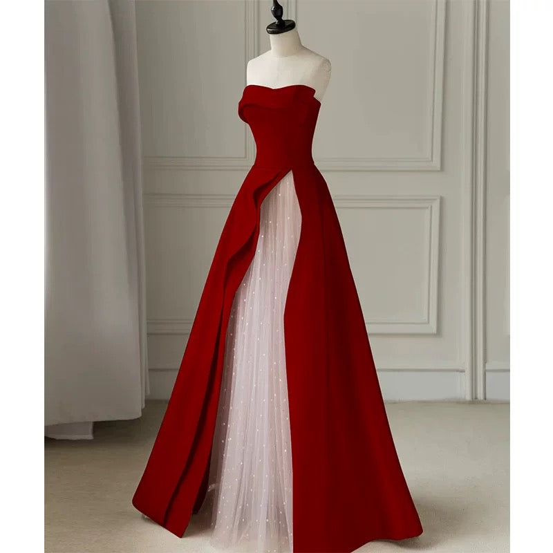 Modest A line Strapless Long Red Satin Prom Dresses Evening Party Dress C1954