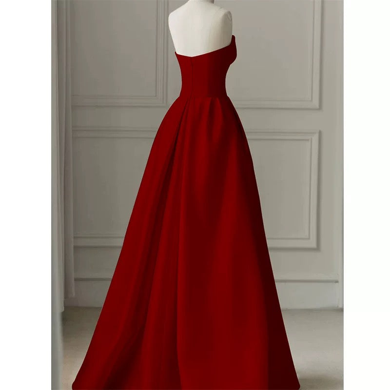 Modest A line Strapless Long Red Satin Prom Dresses Evening Party Dress C1954