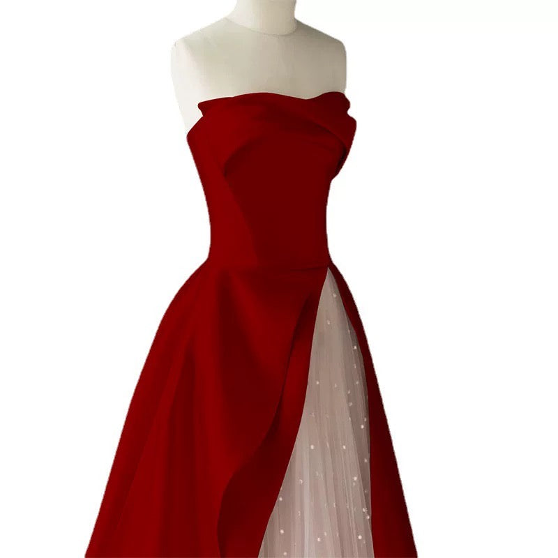 Modest A line Strapless Long Red Satin Prom Dresses Evening Party Dress C1954