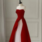 Modest A line Strapless Long Red Satin Prom Dresses Evening Party Dress C1954