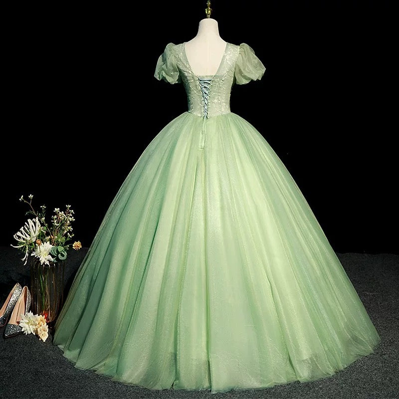 Modest Ball Gown V Neckline Sage Green Tulle Long Flowers Sweet 16 Dresses C1955