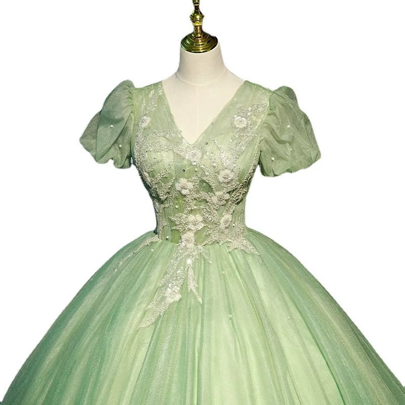 Modest Ball Gown V Neckline Sage Green Tulle Long Flowers Sweet 16 Dresses C1955