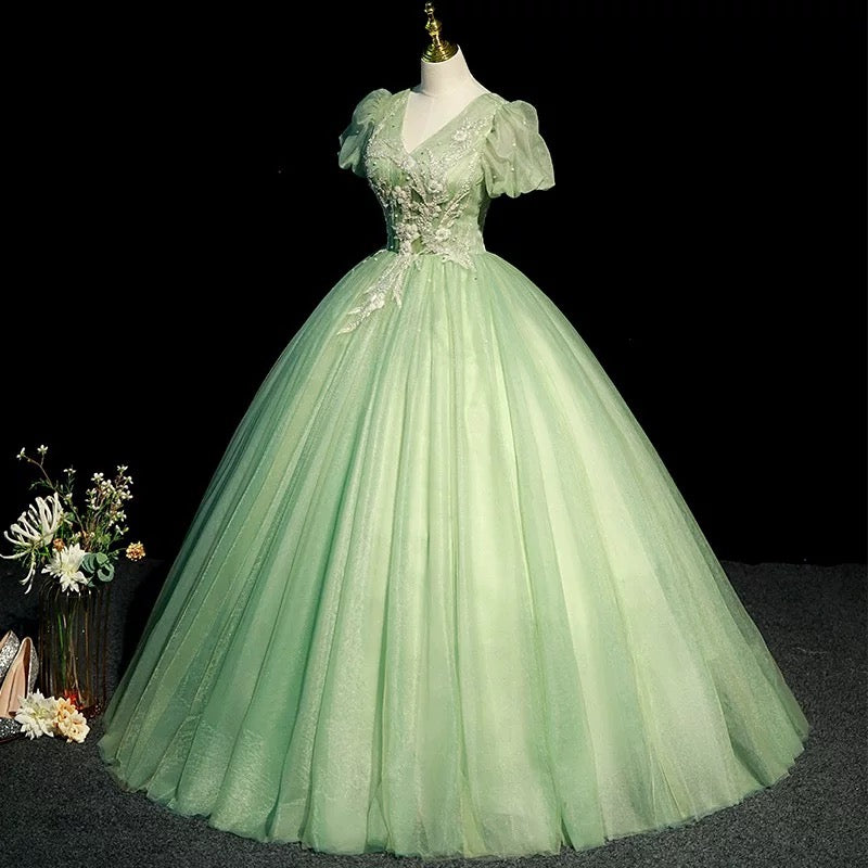 Modest Ball Gown V Neckline Sage Green Tulle Long Flowers Sweet 16 Dresses C1955