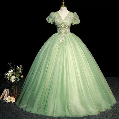 Modest Ball Gown V Neckline Sage Green Tulle Long Flowers Sweet 16 Dresses C1955