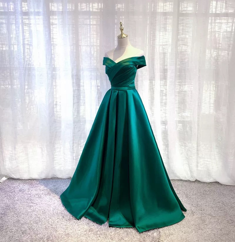 Simple A line Off The Shoulder Green Satin Prom Dresses Evening Party Dress C1956