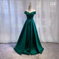 Simple A line Off The Shoulder Green Satin Prom Dresses Evening Party Dress C1956