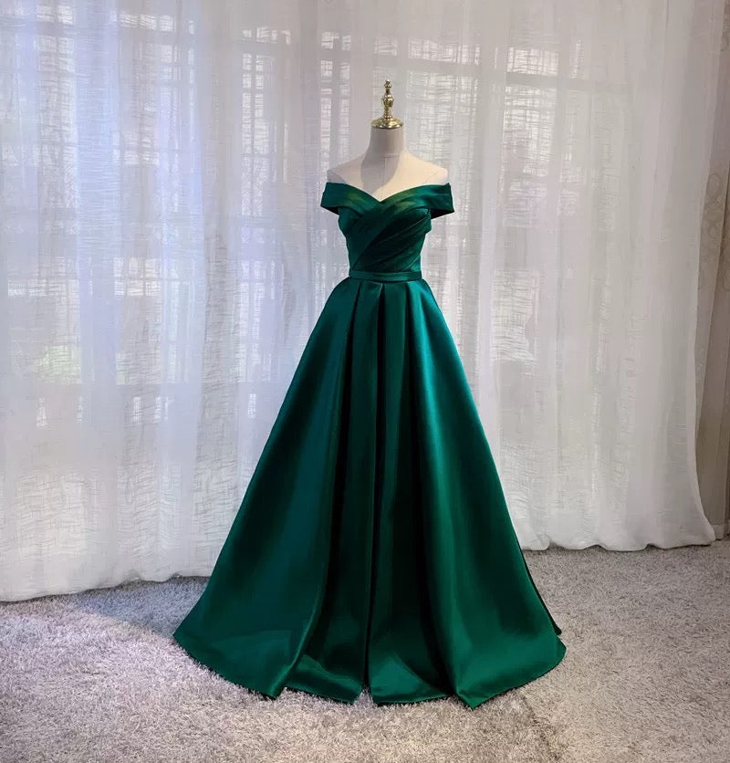 Simple A line Off The Shoulder Green Satin Prom Dresses Evening Party Dress C1956