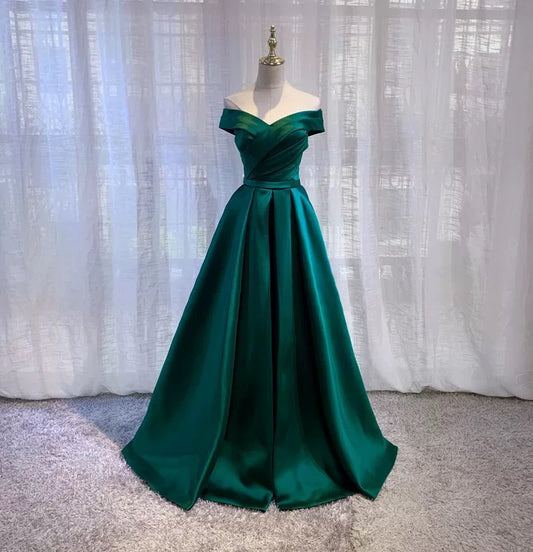 Simple A line Off The Shoulder Green Satin Prom Dresses Evening Party Dress C1956