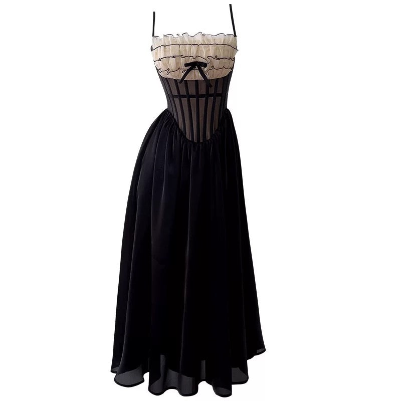 Robe de bal longue noire sans manches à bretelles spaghetti et ligne A mignonne C1957