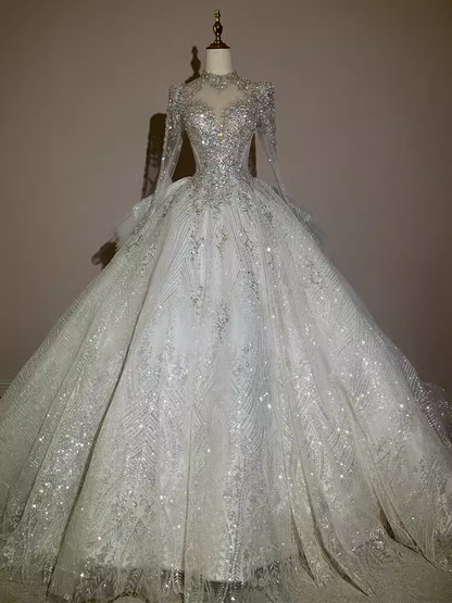 Fairytale Ball Gown High Neckline Tulle Sequin Long Wedding Dresses C195