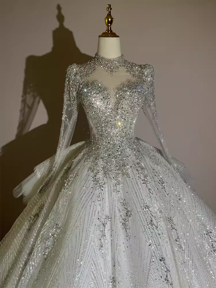 Fairytale Ball Gown High Neckline Tulle Sequin Long Wedding Dresses C195