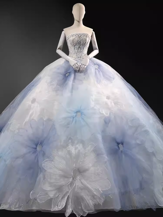 Fairytale Ball Gown Strapless Neckline Tulle Flowers Long Wedding Dresses C197