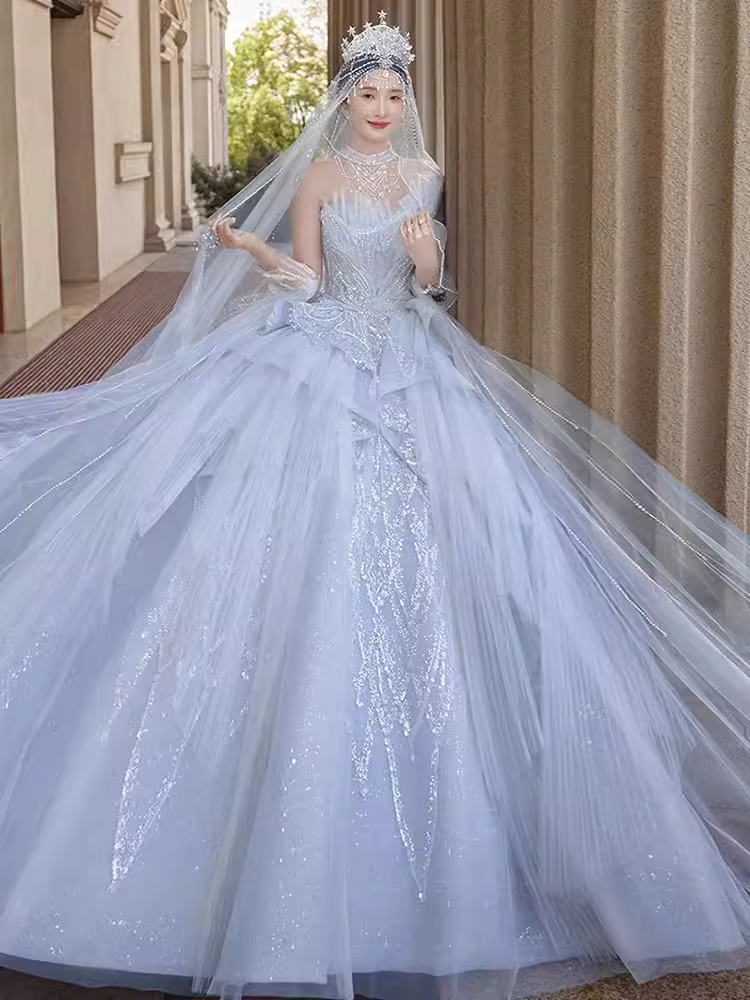 Fairytale Ball Gown Strapless Tulle Sequin Long Wedding Dresses C198