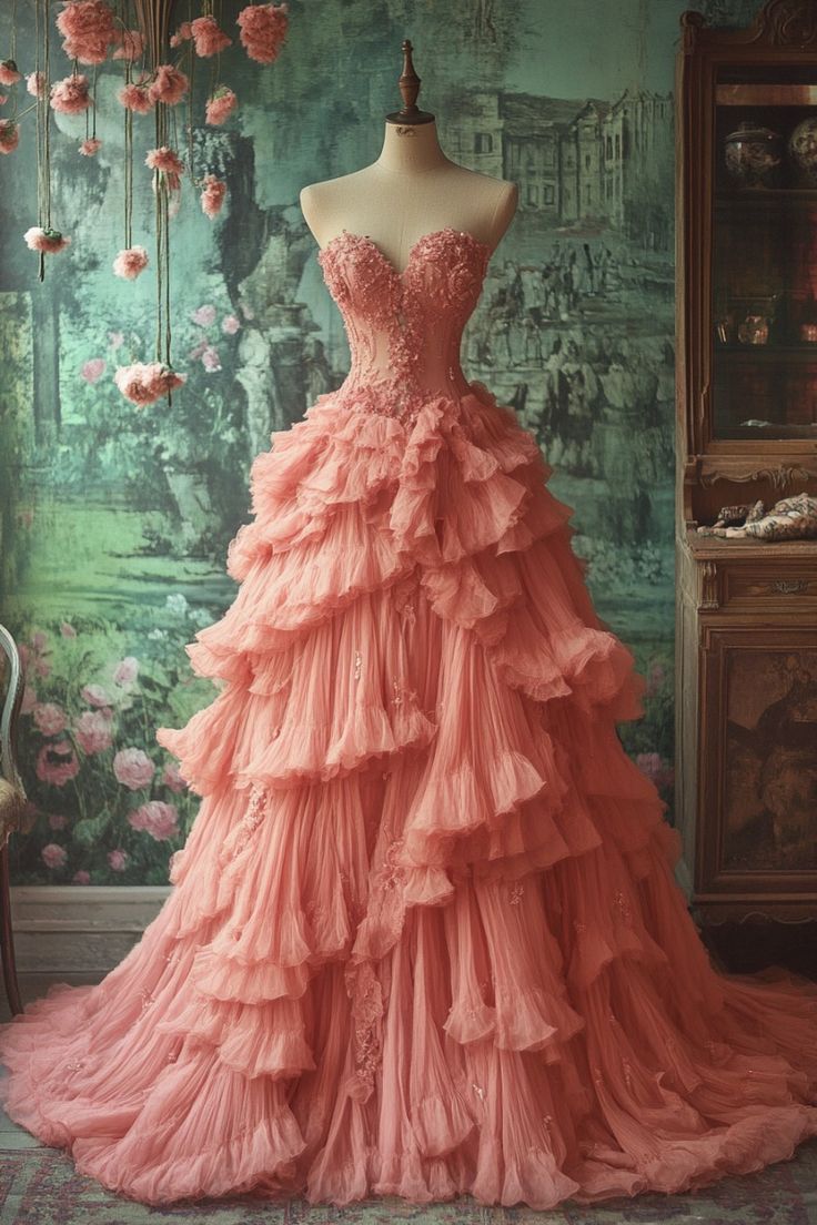 Robe de bal vintage en dentelle à volants et décolleté en cœur, robe de soirée longue rose C2010