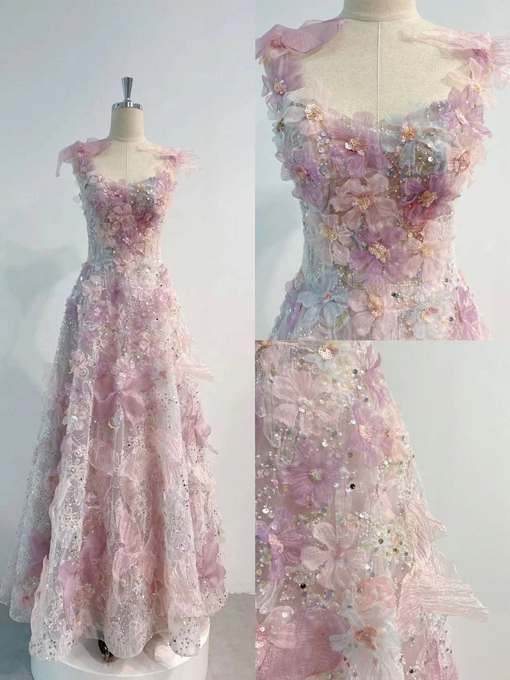 Vintage A line Straps Sequin Flowers Long Pink Prom Dress Evening Dresses C2012