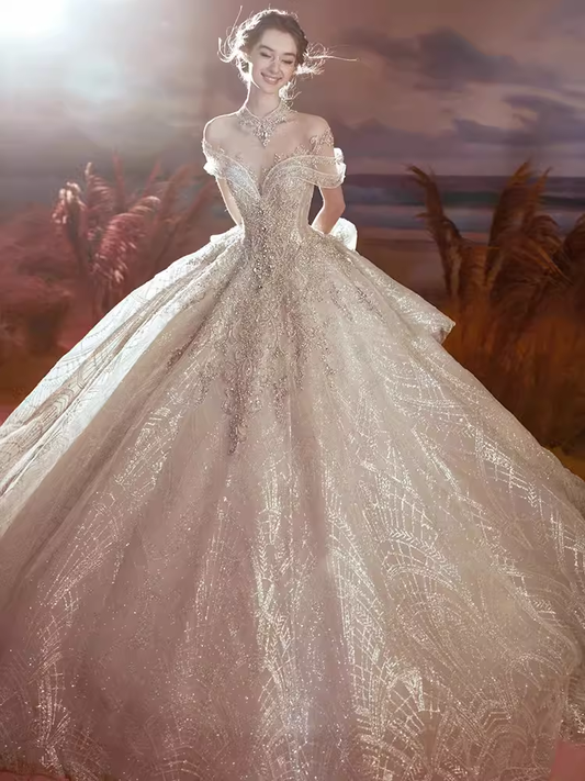 Princess Ball Gown Off The Shoulder Sequin Long Wedding Dresses C201