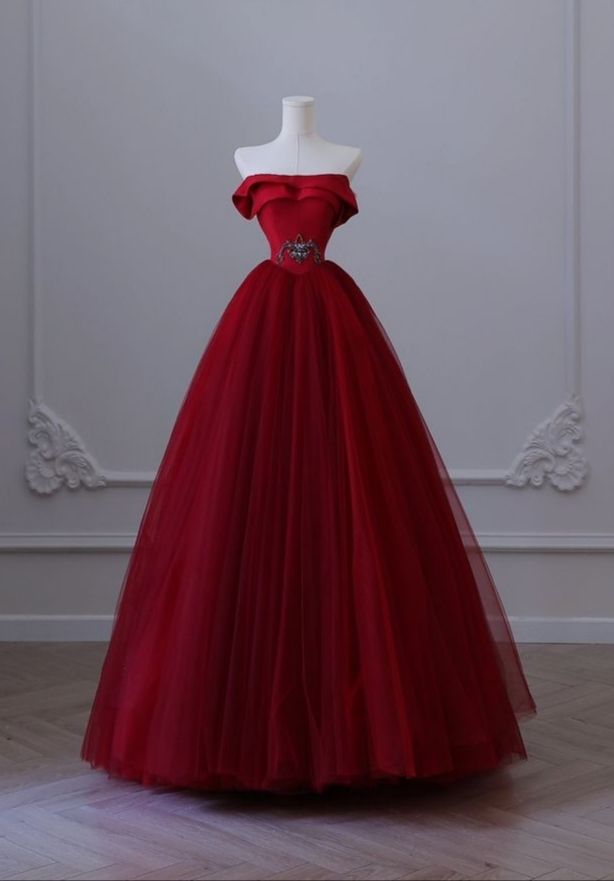 Modest Ball Gown Strapless Red Long Prom Dress Evening Dresses With Beads C2025