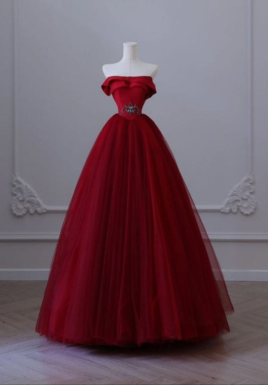 Robe de bal modeste sans bretelles rouge longue robe de soirée robes de soirée avec perles C2025