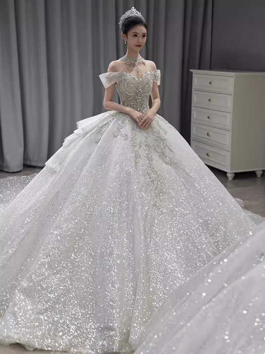 Princess Ball Gown Off The Shoulder Sequin Long Wedding Dresses C202