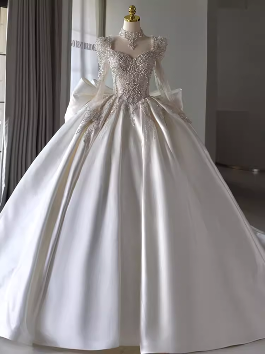 Princess Ball Gown Long Sleeves Satin Wedding Dresses C203