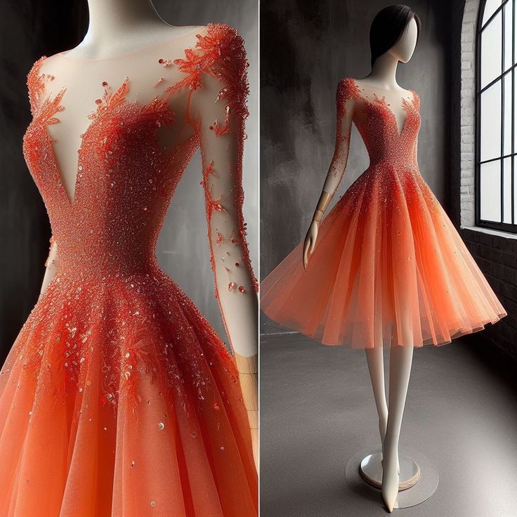 Superbe robe de bal à manches longues et perles orange - Robe de soirée courte - Tenue d'anniversaire C2040