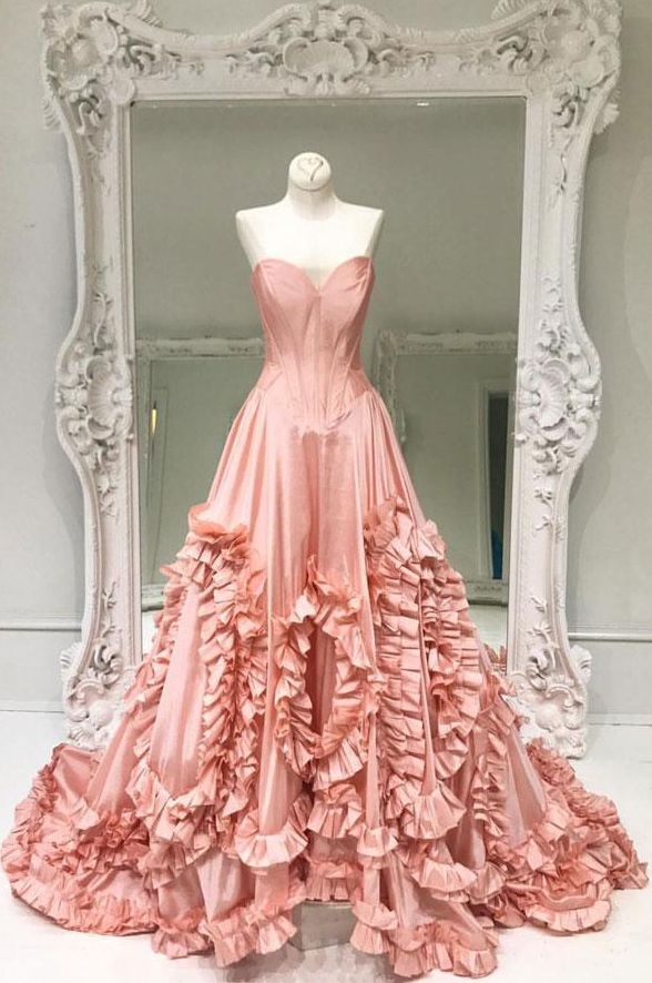 Modest Ball Gown Strapless Pink Taffeta Long Prom Dress Evening Dresses With Ruffles C2041