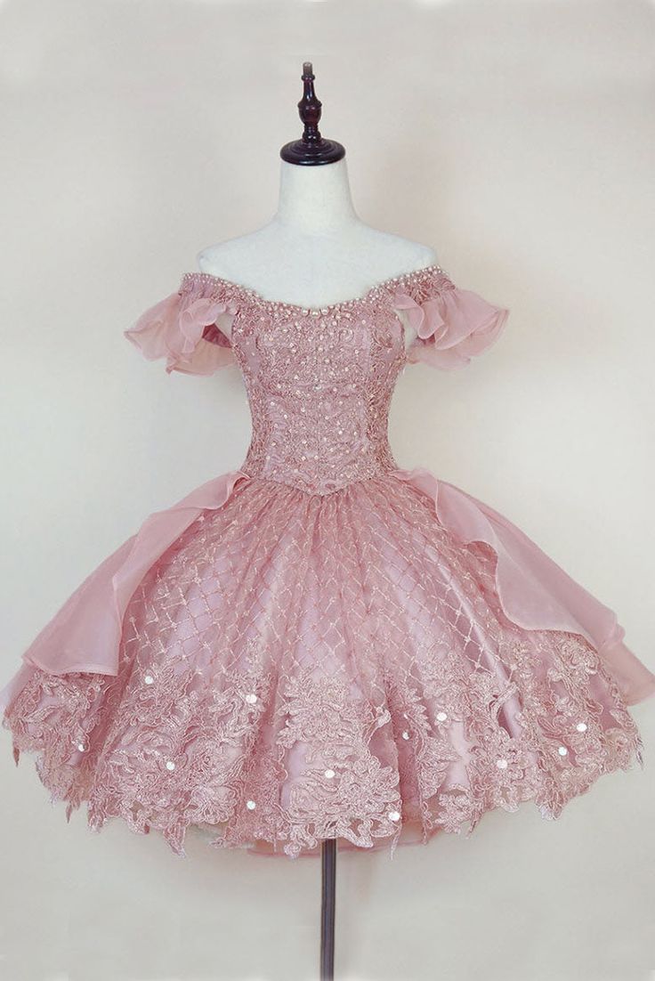 Robe de bal mignonne à épaules dénudées en dentelle rose, robe de soirée courte, tenue d'anniversaire C2044