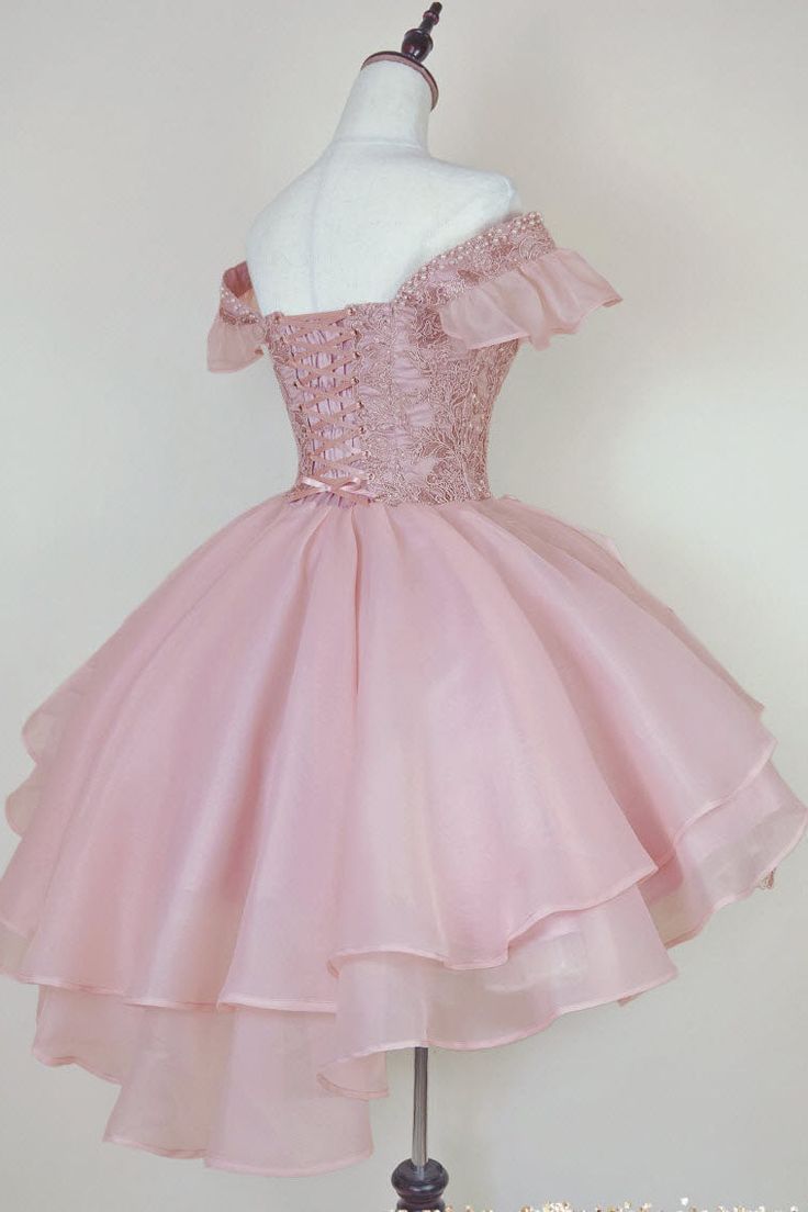 Robe de bal mignonne à épaules dénudées en dentelle rose, robe de soirée courte, tenue d'anniversaire C2044