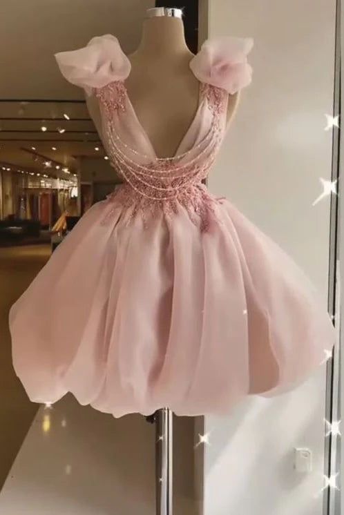 Cute Ball Gown V Neckline Light Pink Organza Homecoming Dress Short Birthday Outfit C2046