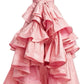 Modest Ball Gown Strapless Pink Taffeta Long Prom Dress Evening Dresses With Ruffles C2050