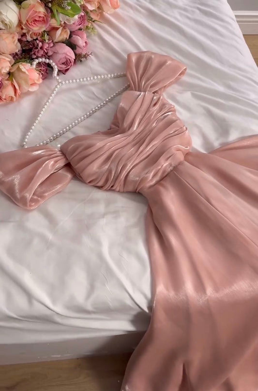 Modest A Line Strapless Silk Satin Long Pink Prom Dress Evening Dresses C2053