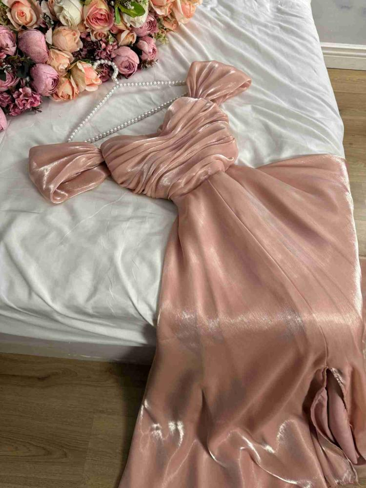 Modest A Line Strapless Silk Satin Long Pink Prom Dress Evening Dresses C2053