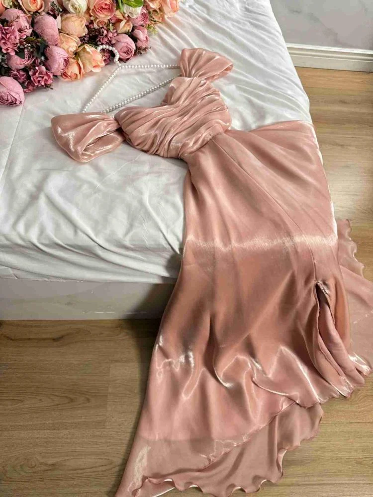 Modest A Line Strapless Silk Satin Long Pink Prom Dress Evening Dresses C2053