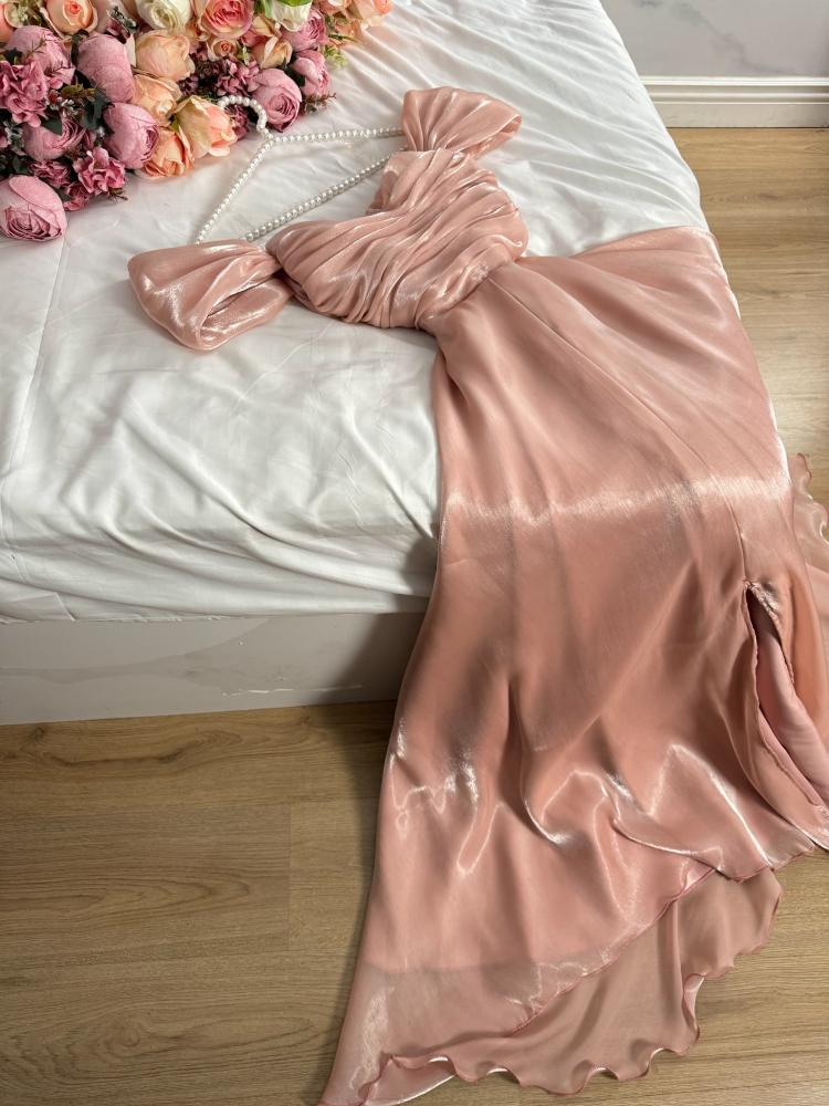 Robe de soirée longue en satin de soie rose sans bretelles, modeste, ligne A, robes de bal C2053