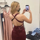 Simple Sheath V Neckline Burgundy Satin Backless Long Prom Dresses C2057