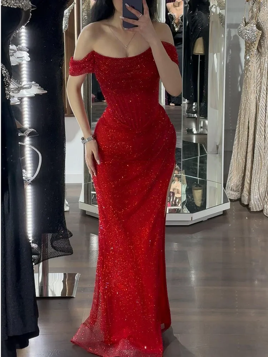 Elegant Mermaid Off-shoulder Sequined Slim Fit Prom Dress Long Evening Dresses C2065